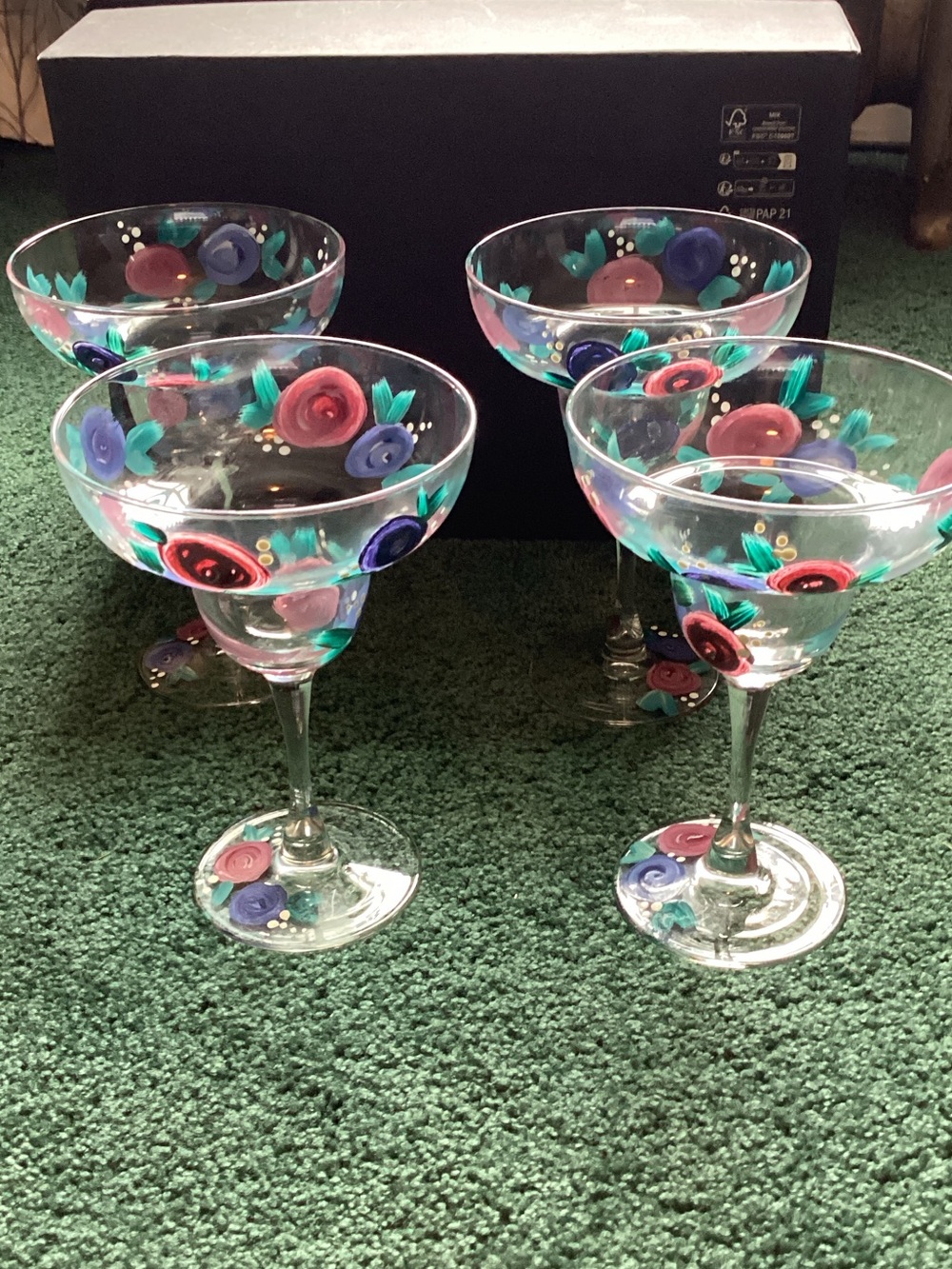 Hand-Painted Floral Margarita Glasses - Set of 4 - Pink & Blue Roses